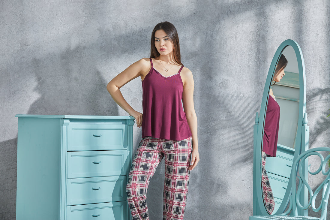 Çoban Dikiş Detaylı Ekose Pijama Takımı LLC-0014