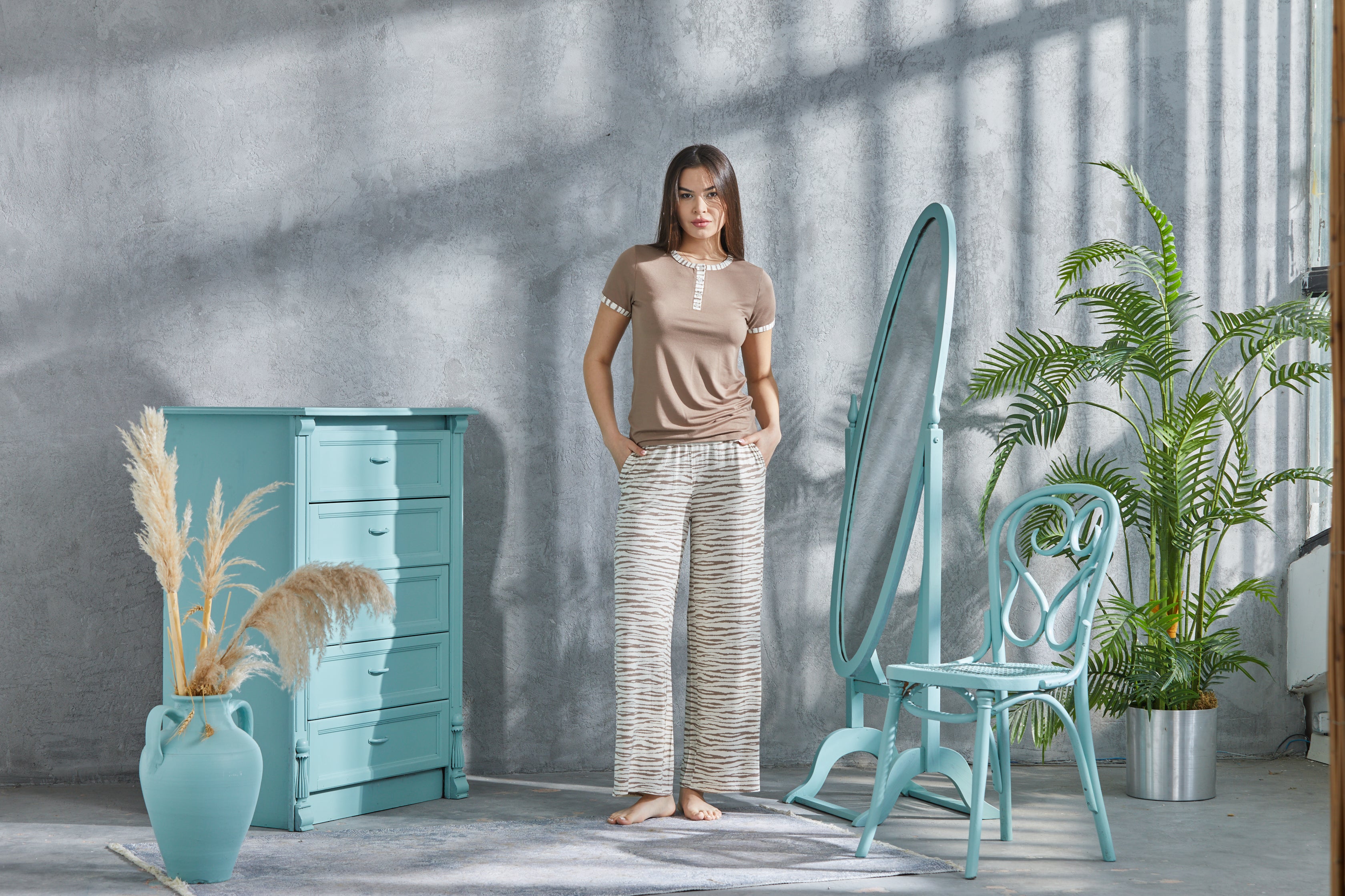 Zebra Desenli Düğmeli Pijama Takım LLC-0017