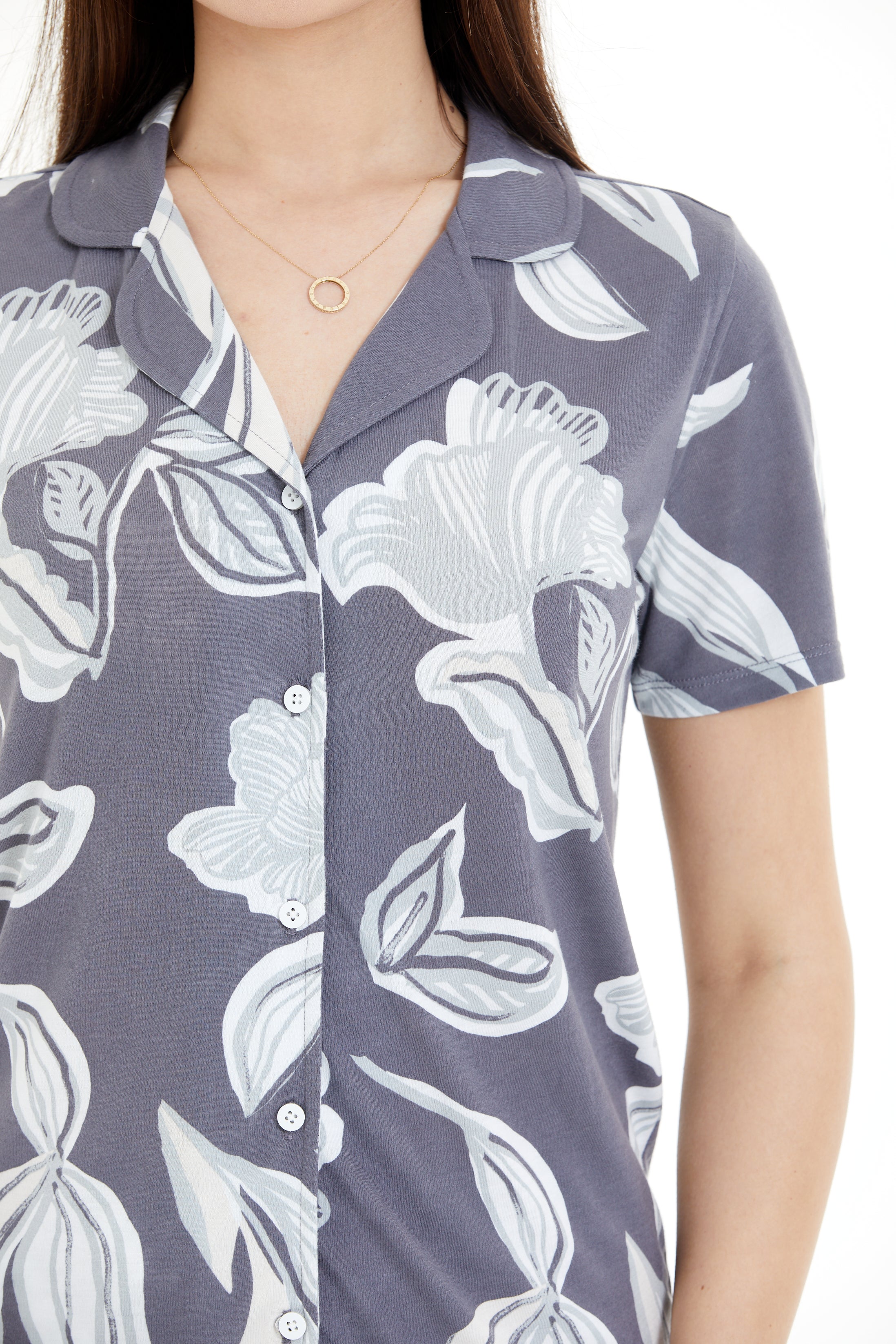 Shirt Collar Floral Pattern Viscose Shorts Set LLC-0012 V1