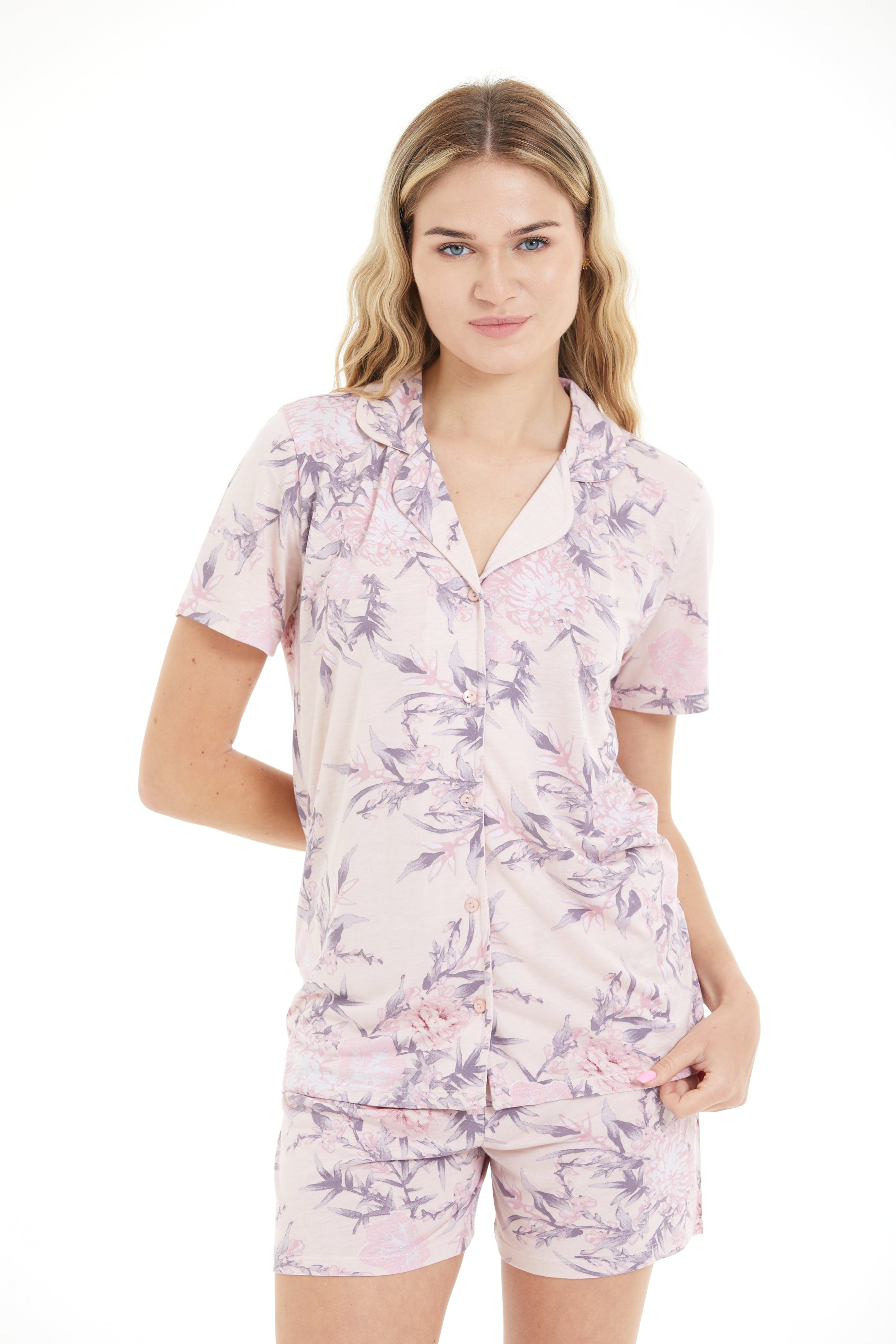 Shirt Collar Floral Pattern Viscose Short Set LLC-0012 V2