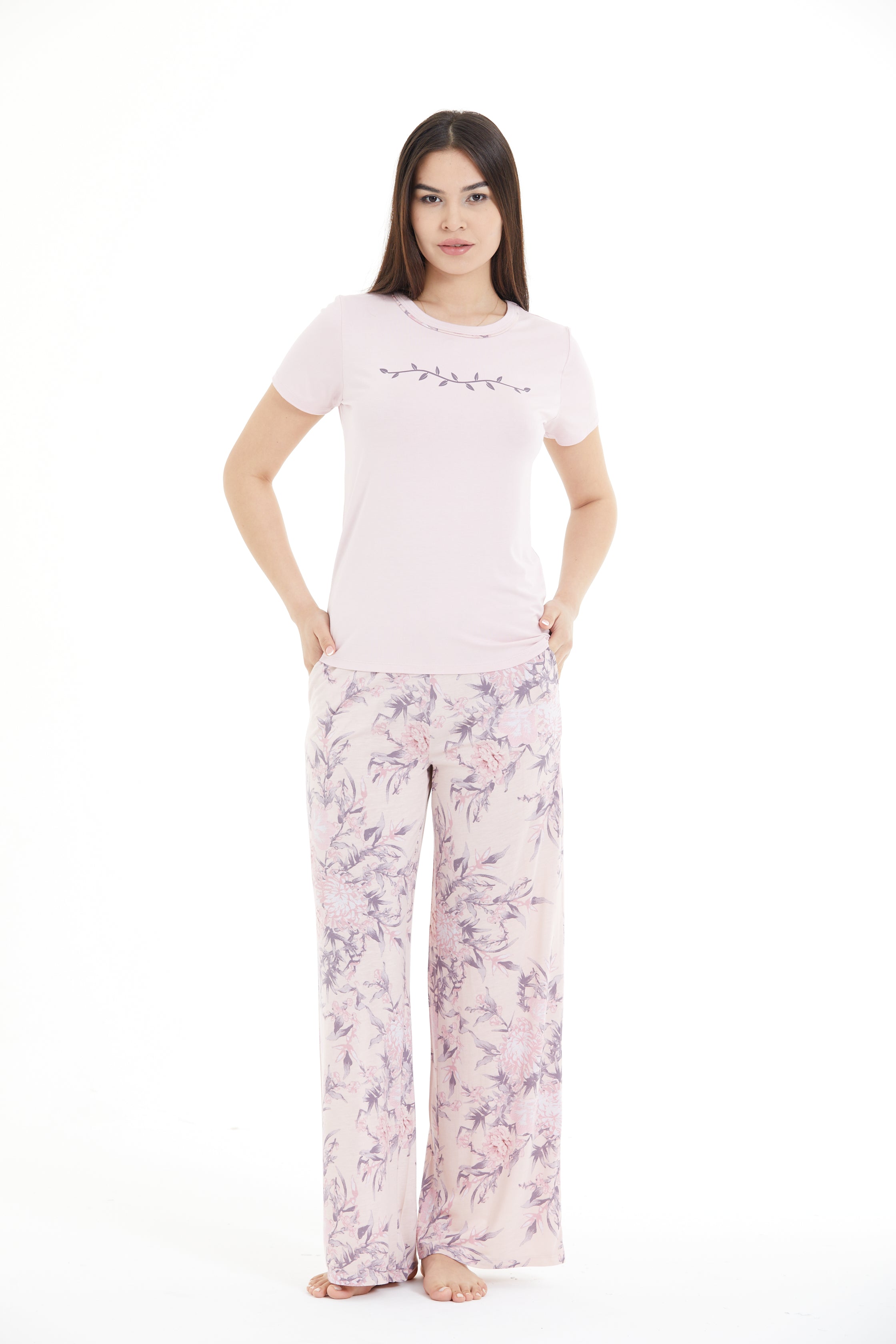 Çiçek Desenli %100 Viscon Pijama Takım LLC-0009 V3