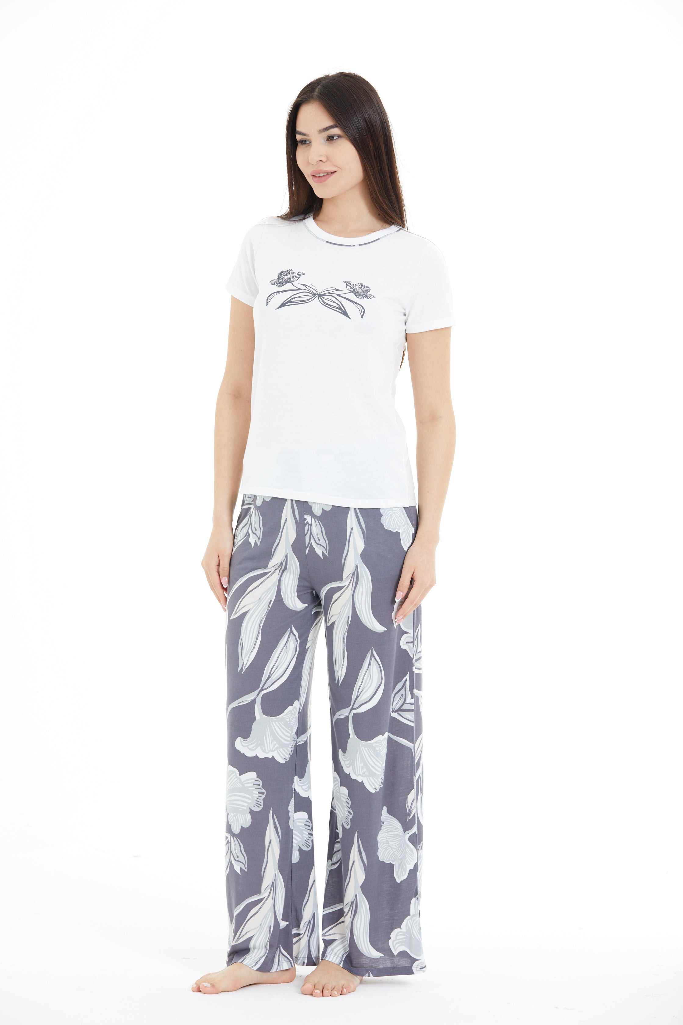 Çiçek Desenli %100 Viscon Pijama Takım LLC-0009 V2