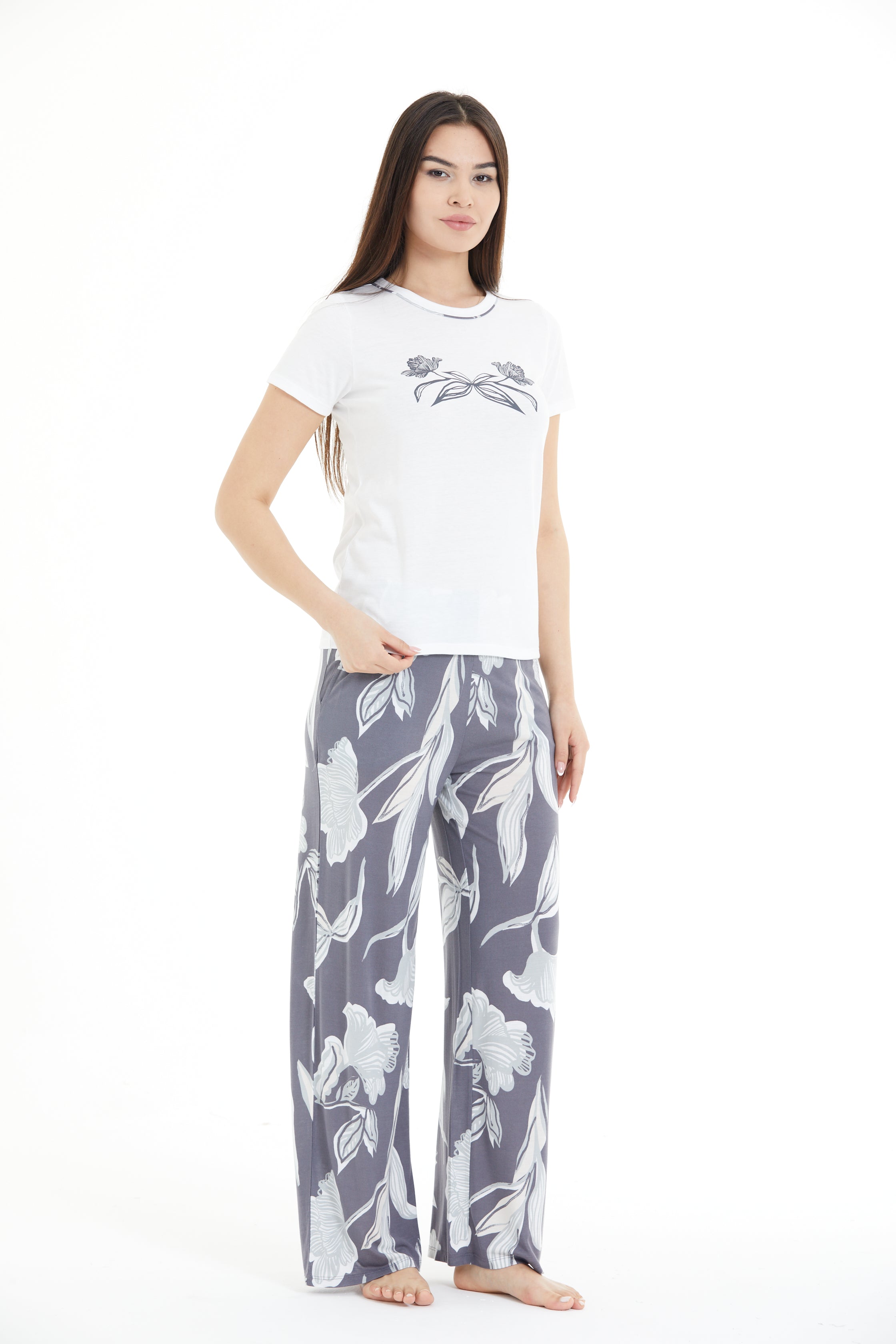Çiçek Desenli %100 Viscon Pijama Takım LLC-0009 V2