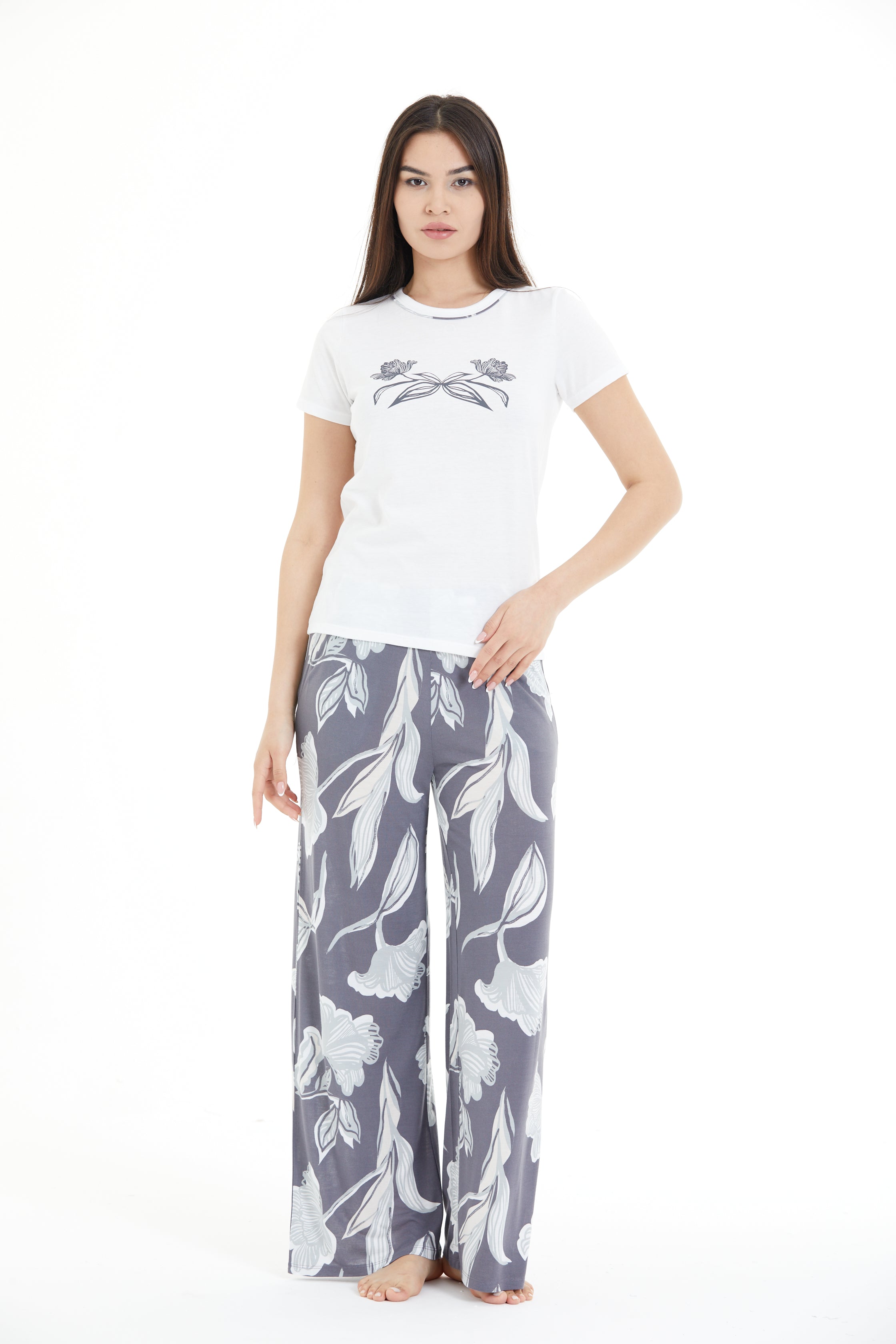 Çiçek Desenli %100 Viscon Pijama Takım LLC-0009 V2