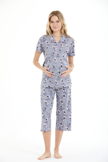 Kadın Hamile & Lohusa Gömlek Yaka Kapri Pijama Takımı Lila Desenli