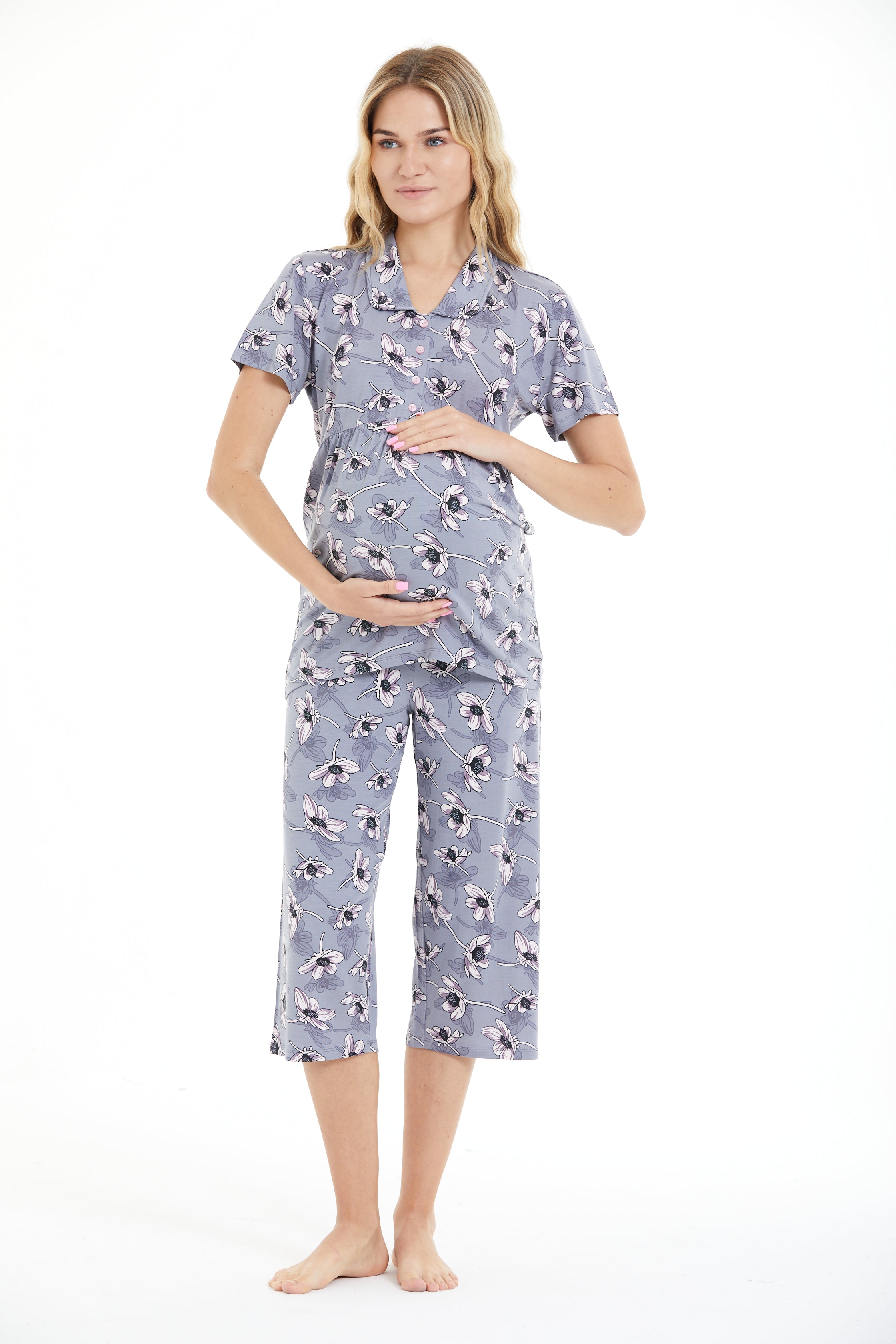 Kadın Hamile & Lohusa Gömlek Yaka Kapri Pijama Takımı Lila Desenli