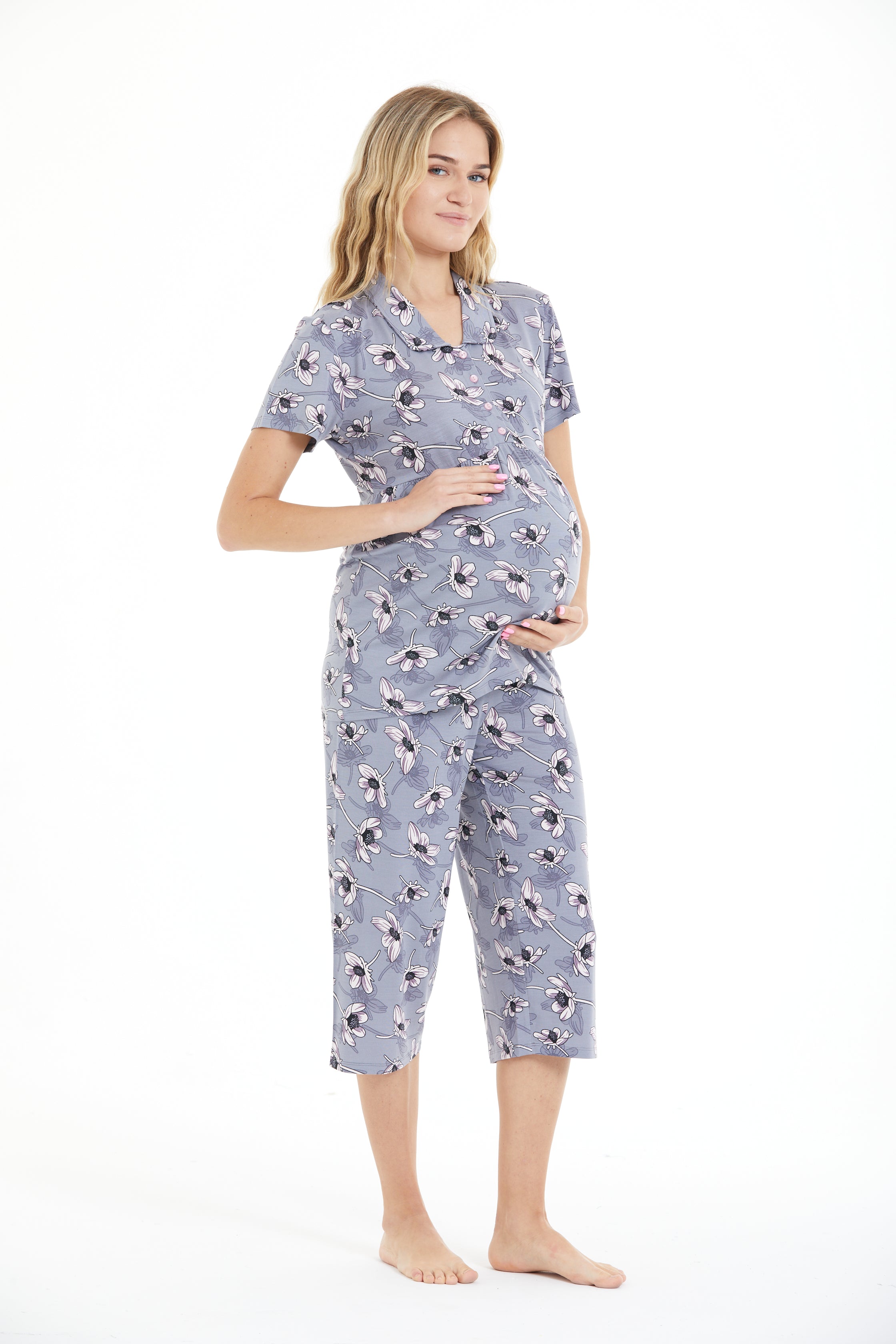 Kadın Hamile & Lohusa Gömlek Yaka Kapri Pijama Takımı Lila Desenli