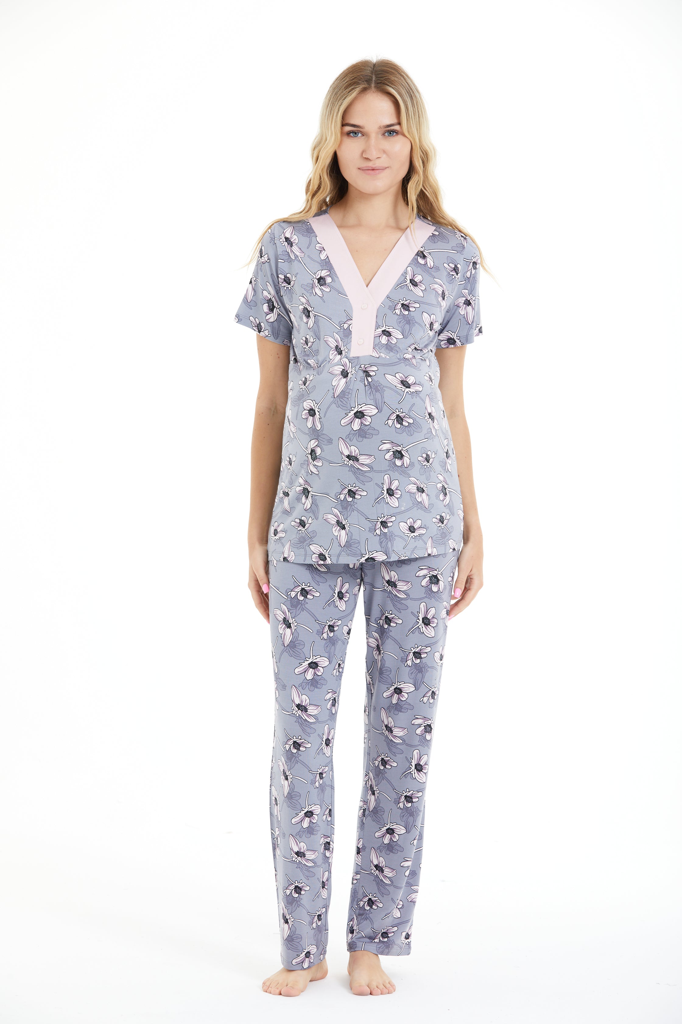 Hamile & Lohusa V Yaka Düğmeli Pijama Takımı Lila Desenli