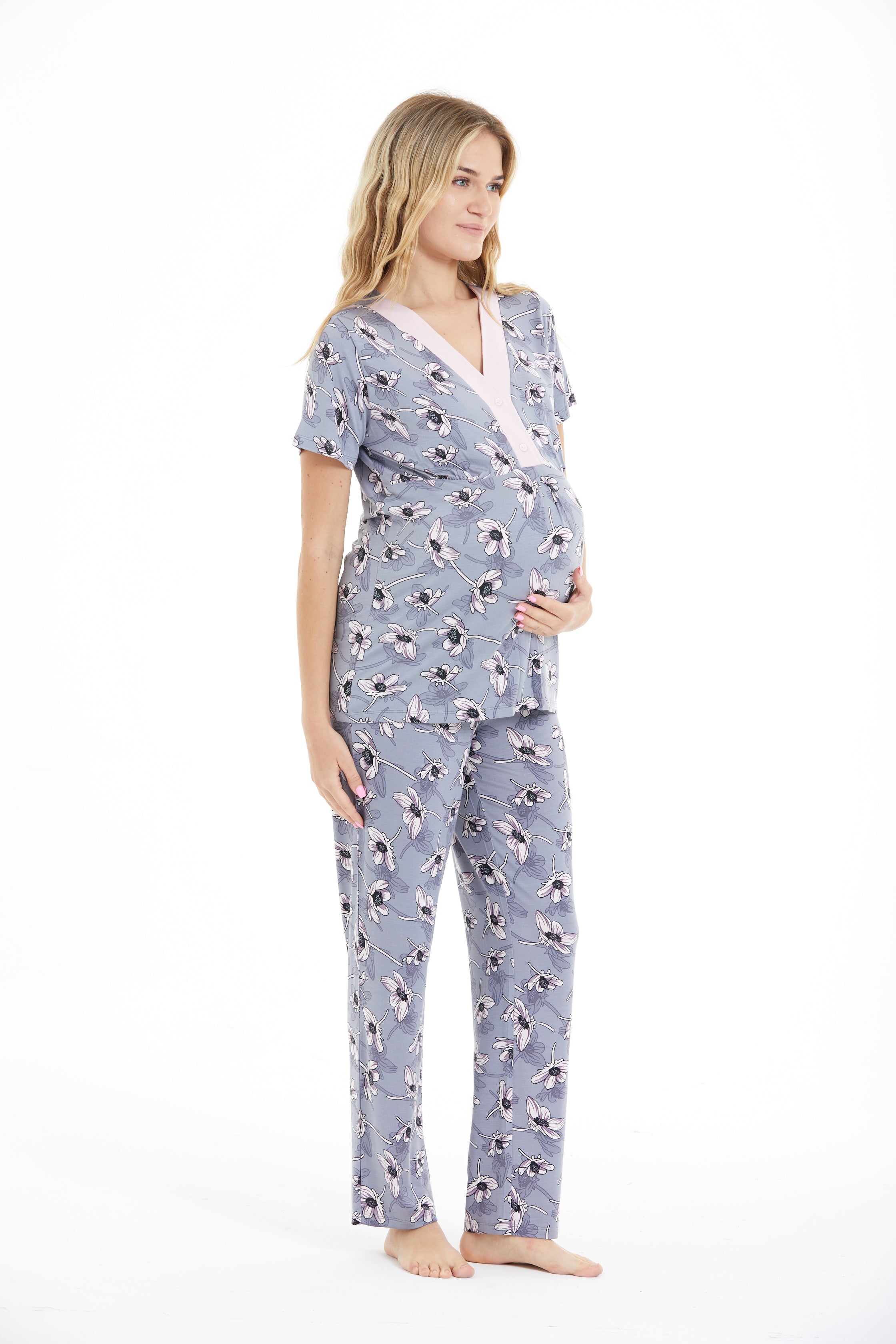 Hamile & Lohusa V Yaka Düğmeli Pijama Takımı Lila Desenli
