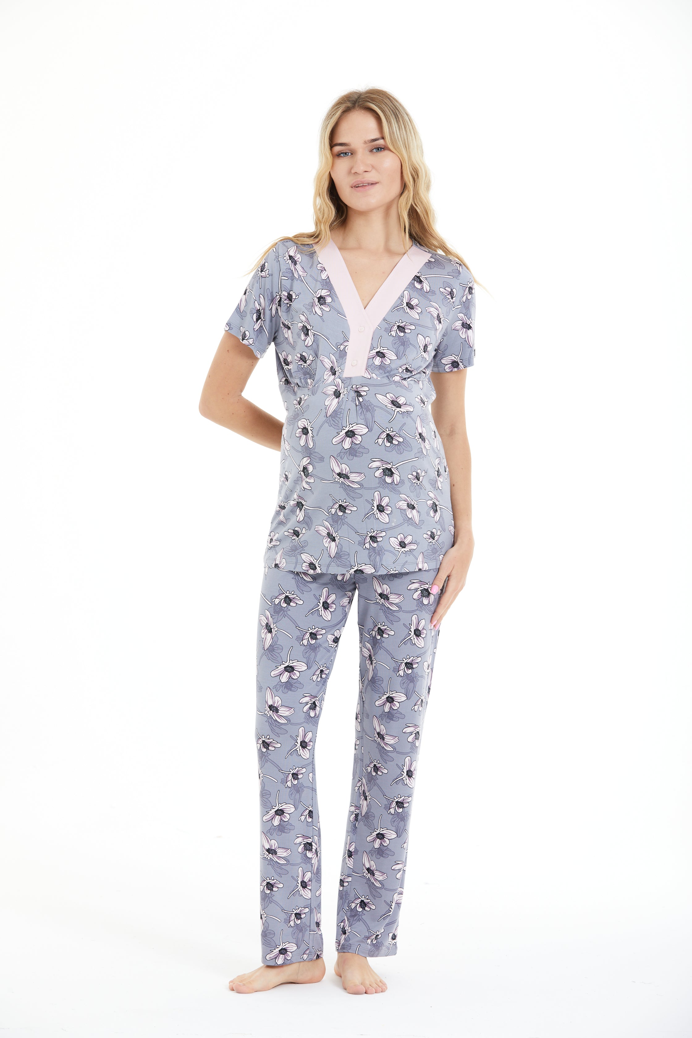Hamile & Lohusa V Yaka Düğmeli Pijama Takımı Lila Desenli