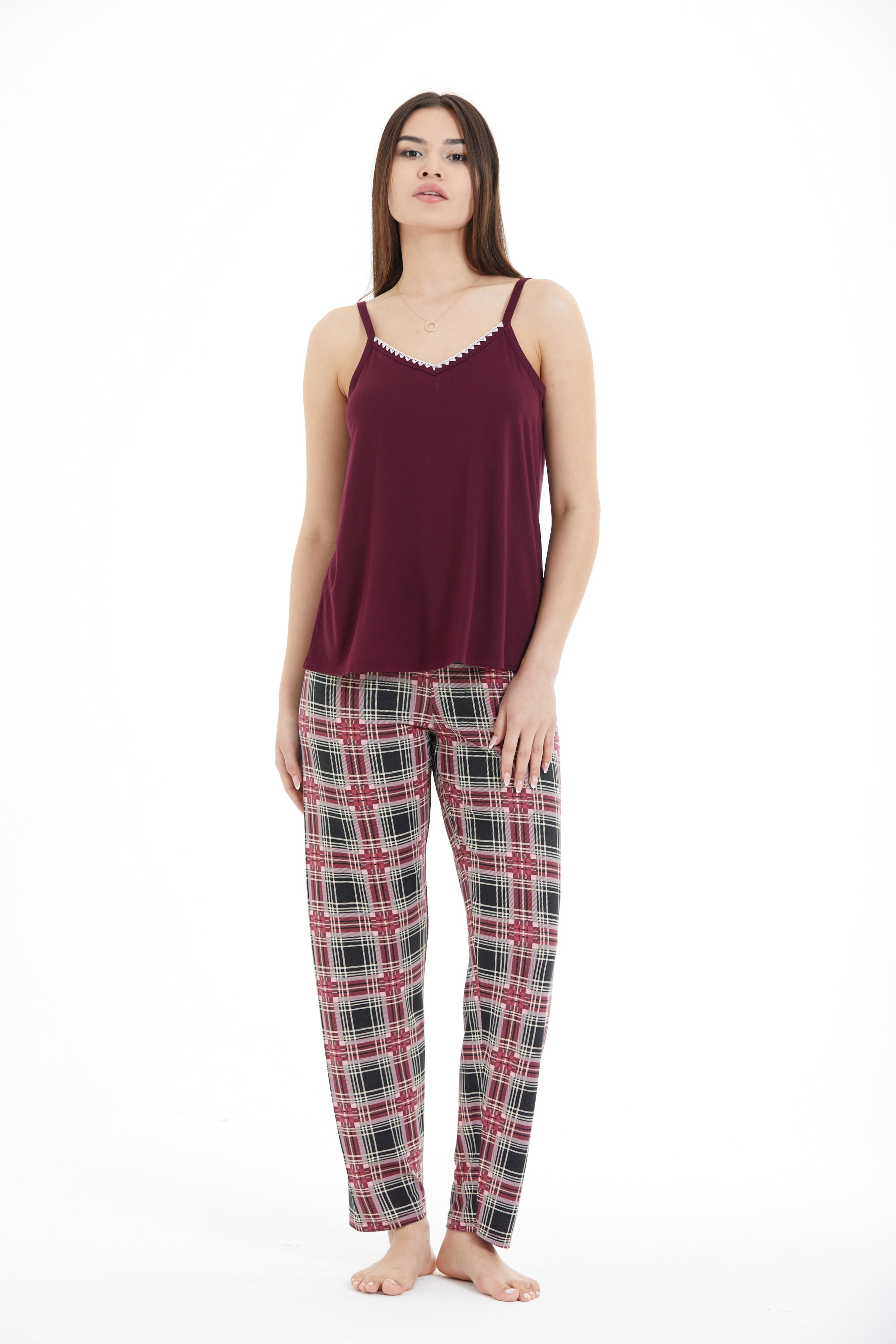 Çoban Dikiş Detaylı Ekose Pijama Takımı LLC-0014