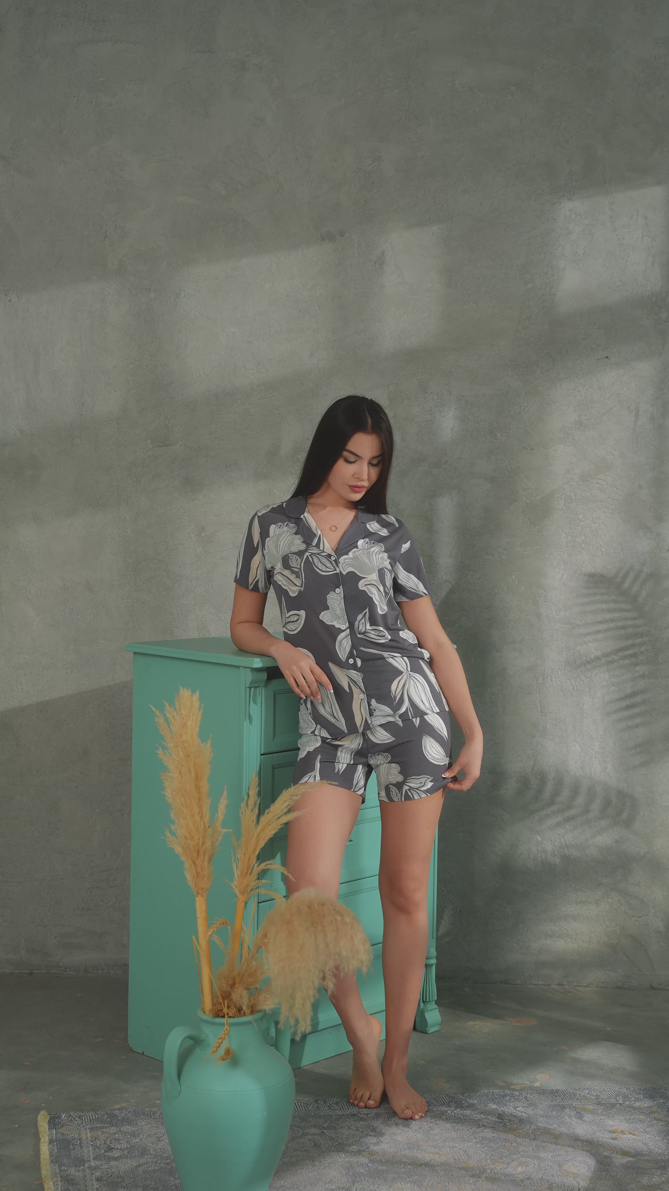 Shirt Collar Floral Pattern Viscose Shorts Set LLC-0012 V1